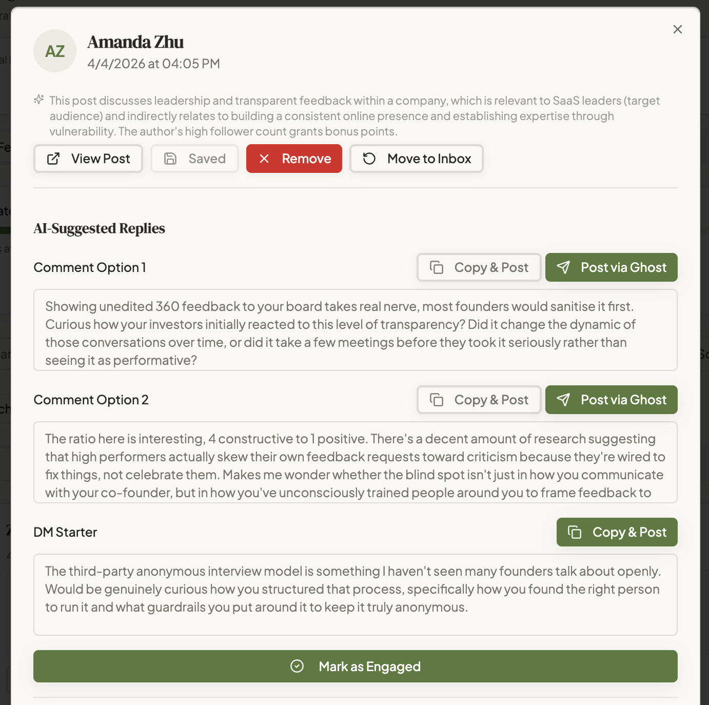 Ghost Engagement — AI-suggested replies for ICP commenters